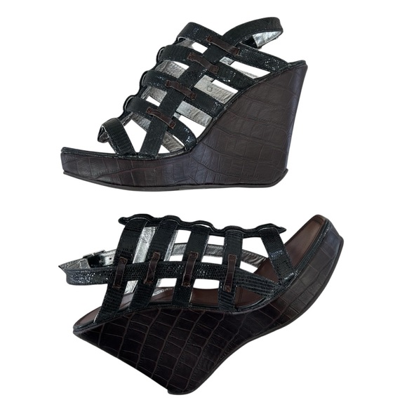 MATIKO Black + Brown Leather Wedge Strappy Sandals 8 - Picture 7 of 11